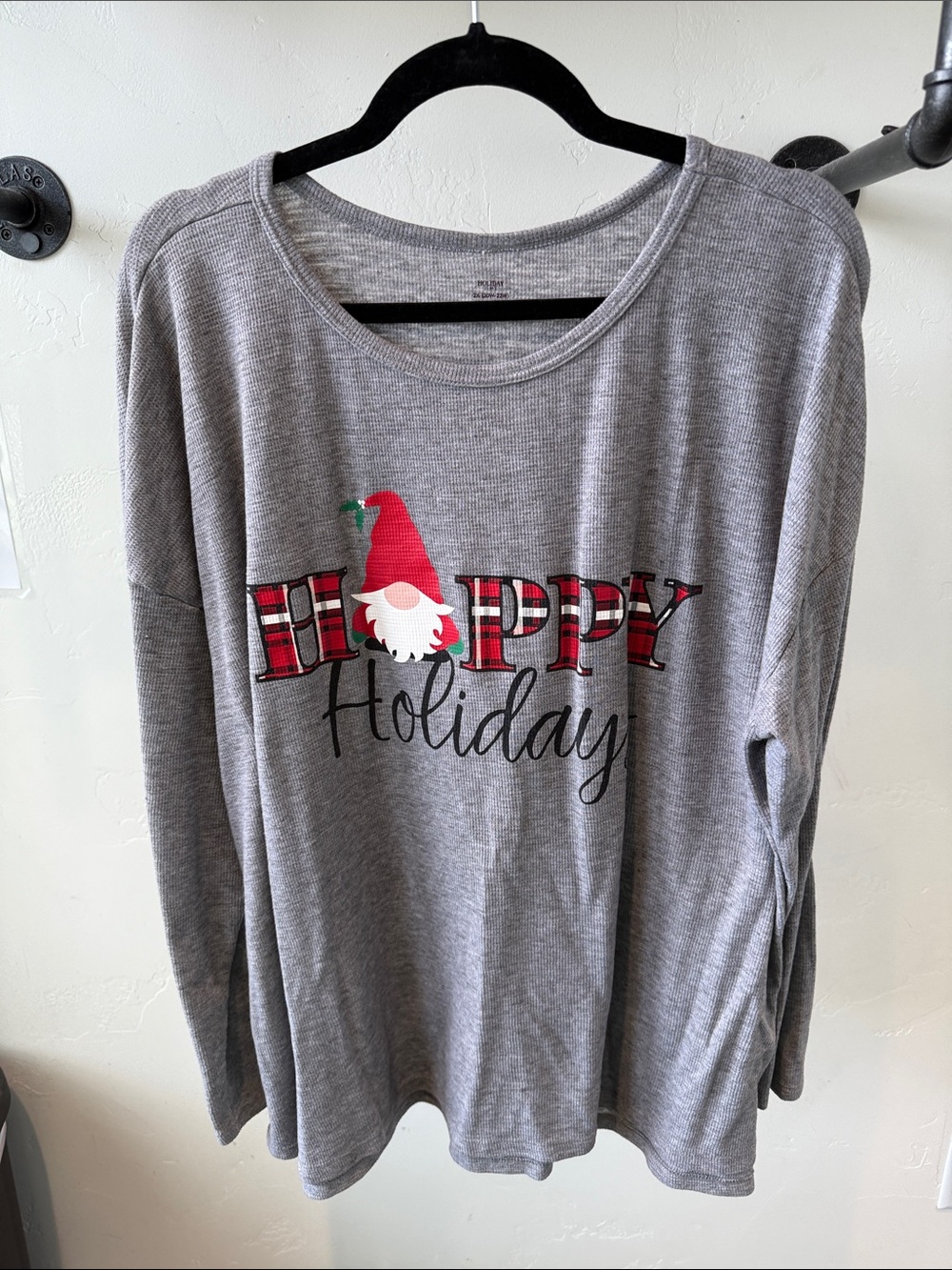 Holiday Time Gray 'Happy Holiday' Long-Sleeve Top with Red Gnome Accent